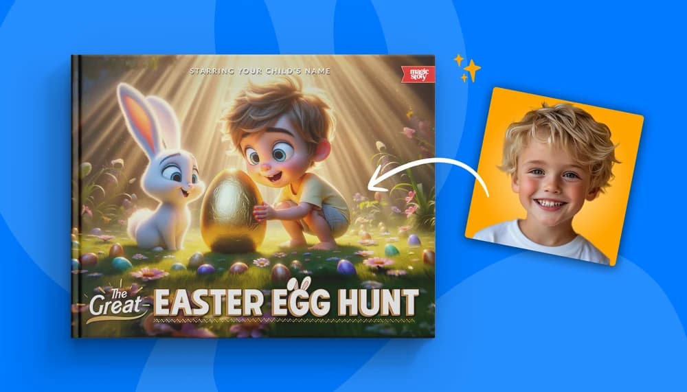 The Great Easter Egg Hunt Adventure personalized children's book top view showing cover